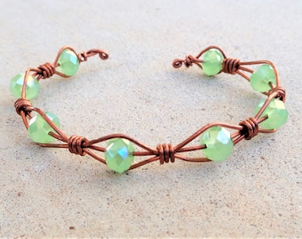 Copper Wire Wrapped Green Beaded Cuff Bracelet By Distinctly Daisy