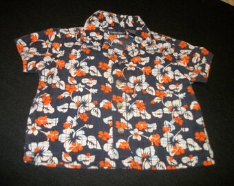 Darling 80s 90s Cherokee BABY HAWAIIAN SHIRT, Navy, Orange White Hibiscus Flowers, Cotton, 12 Months