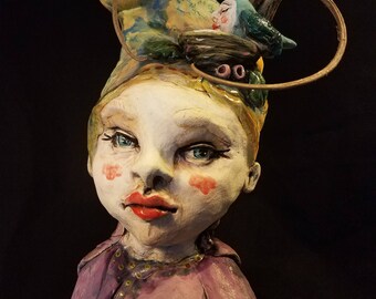 OOAK "Winsome Winona" Ceramic Sculpture Bust Fairy Bird Woodland Fae