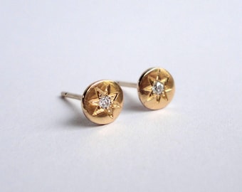Star Set Diamond Disc Studs, Diamond Studs, 14K Yellow Gold Studs