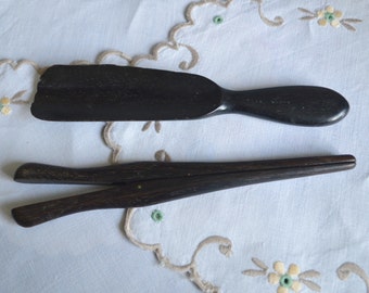 Glove Stretcher and Shoehorn Pair Gentleman's Grooming Accessories Real Ebony Wood Dark Almost Black Circa Late 1800s - Early 1900s
