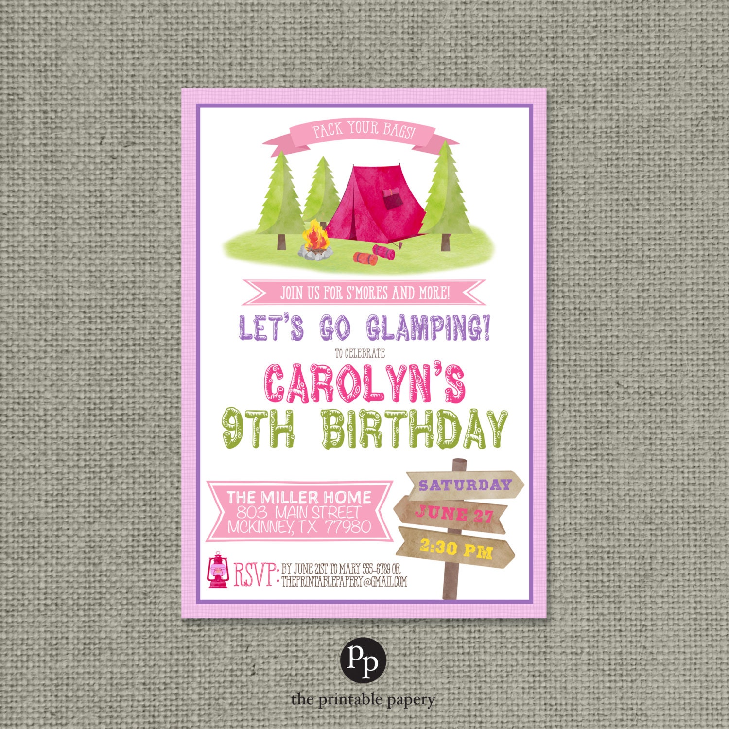 Printable Glamping Birthday Party Invitation Card Tent