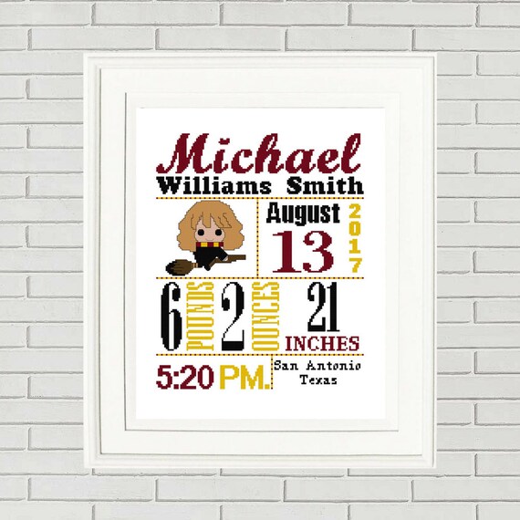 Harry Potter Birth Announcement Cross Stitch Pattern Baby