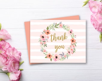 Pink Stripe floral wreath watercolor Printable Thank You Card, blush and gold, shower thank you, DIY digital card, INSTANT DOWNLOAD, 012