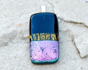 Dichroic Glass Pendant - Iridescent Colours Black with Purple Green and Gold - Oblong Shape Small Silver Plated Bail Fitting - Gift Boxed
