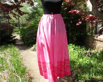 Vintage BOHO MAXI Skirt, Bright PINK India Cotton Skirt! Hippie Festival skirt, pink print silver sequins, breezy summer Boho Gypsy skirt