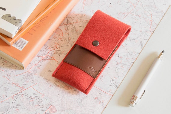 Felt and leather PEN HOLDER, sunglasses case, pencil case, orange and brown, wool felt, handmade, made in Italy