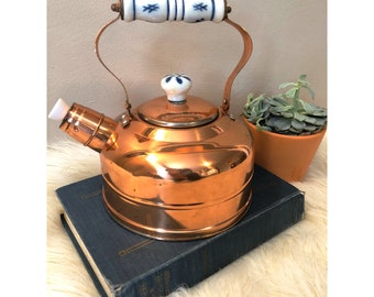 Vintage Copper Tea Kettle/Antique Copper Kettle/Copper Kitchen/Copper Tea Kettle With Porcelain Accents