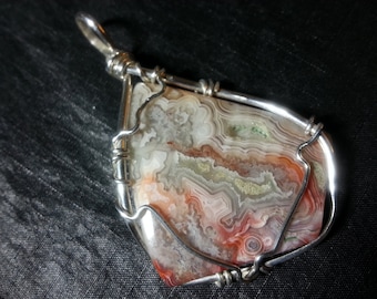 Crazy Lace Agate Pendant Sterling Silver Wire Wrap