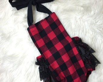 Baby Girl Romper- Red buffalo plaid lace romper, buffalo plaid head wrap set, winter romper, Christmas baby romper, buffalo plaid outfit