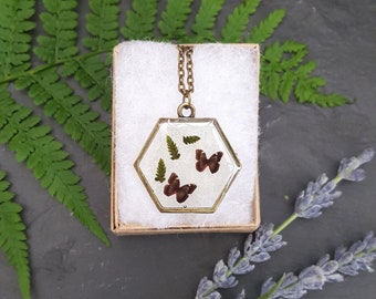 Botanical Butterfly Necklace, Butterfly Jewellery, Flower Jewellery, Real Plant, Botanical Pendant, Pressed Flower Necklace, Resin Jewellery