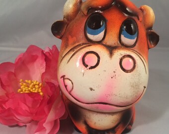 RARE Ceramaster Kitschy Bull Bank, Bright Colors, Hand Painted Plaster Ware Mod Bank, Paper Mache,