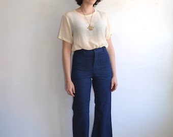 Vintage Sailor Denim Bell Bottoms/ Dark Wash High Waisted Utility Navy Jeans/ Size 28 29 30