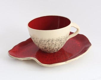 Red Teacup with Saucer, wheel thrown teacup, stoneware cup, handmade mug, Cappuccino Cup, Big coffee cup, Pottery ceramic mug, Birthday gift