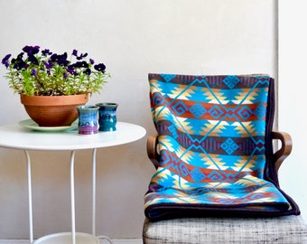 Wool Blanket Turquoise Rust & Brown Native American Inspired Design Couch Throw