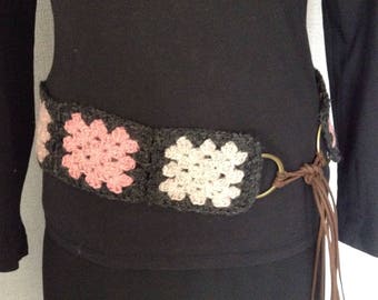 Crocheted belt pure wool, granny squares, boho, ethnic, hippi, accessories, ready to ship