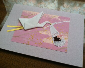Handmade Origami Welcome Baby Girl Card