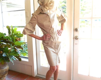 Vintage Bigio Collection dress khaki shirtdress preppy spring summer casual poufed sleeves: small