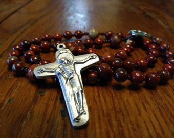Catholic Rosary, Red Jasper Stone, Gemstone, Semi-Precious, Flex Wire, 5 Decade Rosary