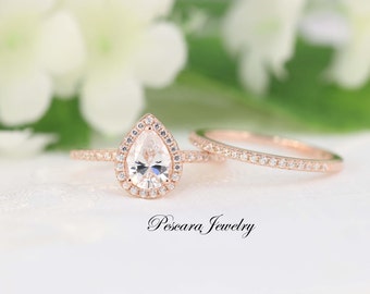 1.3ctw Rose Gold Engagement Ring, Pear Halo Wedding Ring Set - Pear Cut Ring - Pear Halo Engagement Ring. 1ct Promise CZ Ring