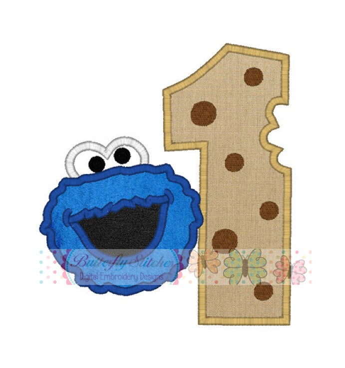 Cookie Monster Number One Birthday Machine Embroidery Digital