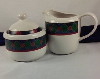 Pfaltzgraff Almalfi Cream and Sugar Set, White Red Green Blue Porcelain Creamer and Sugar Bowl with Lid