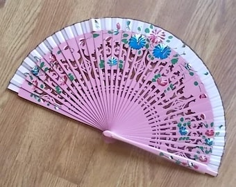 Japanese~Asian~Silk and Bamboo~Hand Fans~Purse Fan~Folding Fan~Collectable Accessorie~Attic~Find~9"~Lacquered~Hand Painted~Colors
