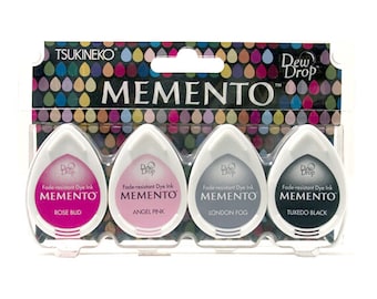 Dew Drop Set 4, Memento Ink Pads, Rose Bud, Angel Pink, Fog Colour, Black Ink, Rubber Stamp Inks