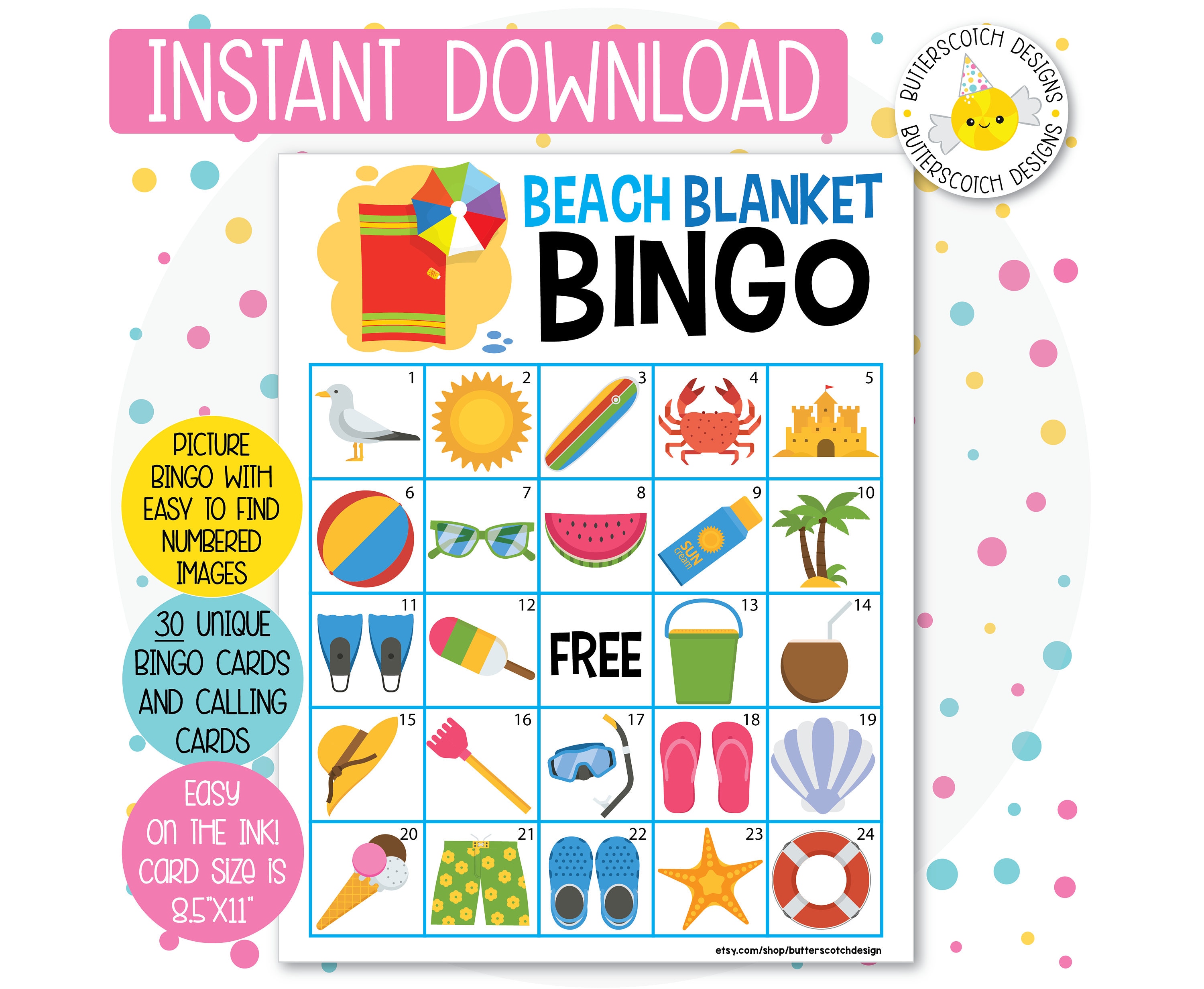 Beach / Summer Pool Party Printable Bingo Cards 30 Different