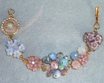 Vintage Collage Bracelet - Beautiful Pastel Floral made from vintage jewelry including english porcelain