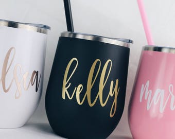 Wine Tumbler with lid and straw. Custom Adult Wine Sippy Cups wedding bachelorette party. Bridesmaid gifts, steel, gold, rose gold, navy