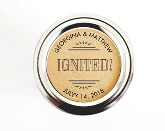 Rustic Candle Wedding Favor Labels for Mason Jars or Tin Jars, Ignited Candle Favors Wedding Stickers, Custom Labels, Custom Stickers