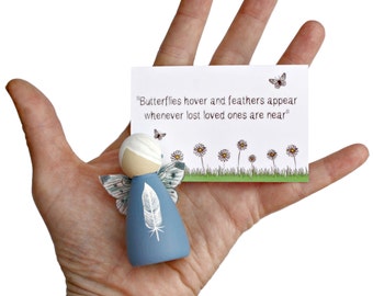 White Feather Blue Peg Doll Fairy - Bereavement Sympathy Remembrance Gift