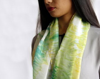delicate light and soft silk scarf, hand dyed/arashi shibori/green/100%silk/55x18 in/gift for her/gift anniversary