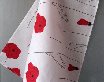 Linen Cotton Dish Towels Tea Towels Red Poppies Red Black White Tea Towels set of 2