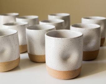 Speckled Ceramic Cup with Thumb Hold - Clay/Pottery - Tumbler/Water Glass/Mug - White Glaze - Handmade - Wheel Thrown - Modern