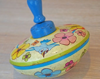 Vintage 50s-60s Ohio Arts Tin Litho Flower, Butterfly & Bluebird Spinning Top