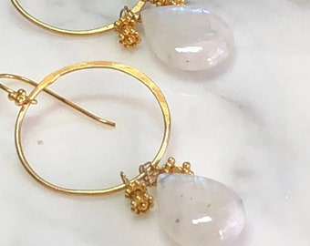 Rainbow Moonstone Gold Chandelier Hoops Earrings