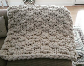 Chunky knit Blanket, Merino Wool Blanket, Arm Knit Blanket, Handmade, Basket weave, 2x1