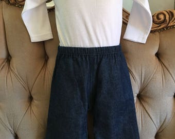 Denim easy pull on pants with elastic waist