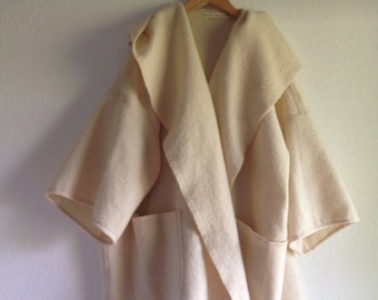 Woollen Soho Kimono Womens Clothing in rich cream Wool Long Style Jacket Coat medium large size with pompoms