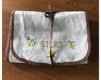 Vintage Oatmeal Linen 'Silks' Wraparound Case Holder, Hand Embroidered Yellow Flowers