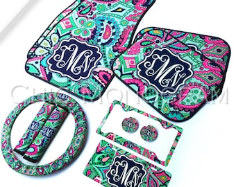 Car Gift Set Monogrammed Car Accessories Set Car Floor Mats Steering Wheel Cover & Seat Belt Covers License Plate Frame Car Coasters Custom