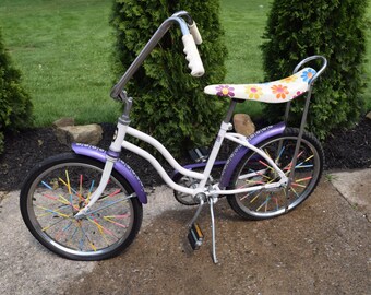 Vintage Huffy Girls Banana Seat Bike, Girls Bike, Flower Power, Purple