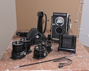 Vintage Mamiya C330 Professional TLR Medium Format camera, 2 lenses 80 and 135mm, waist view finder and porrofinder, carry case, and extras