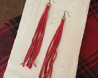 Red Leather Tassel Earrings - Long Leather Fringe Earrings - Statement Shoulder Dusters - Festival Earrings - Handmade Bohemian Jewelry