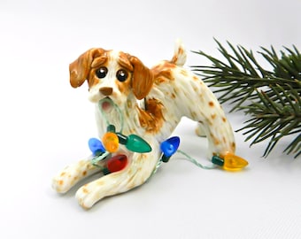 Brittany Dog Orange Porcelain Christmas Ornament Figurine Handmade
