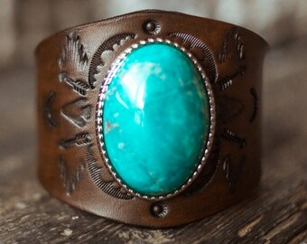 Leather Turquoise Cuff, Southwest Leather Bracelet, Native American Leather Cuff, Boho Leather Bracelet, Turquoise Bracelet