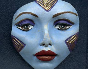 Polymer Clay Large Blue Gold Detailed Tribal Face Un Drilled LGBL 1