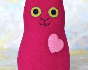 Handmade Kitty Cat, Stuffed Animal Plush Kids Baby Doll Art Toy, Hug Me Kitten, Personalized Hang Tag, Rose Red, Pink Fleece, 9 inch